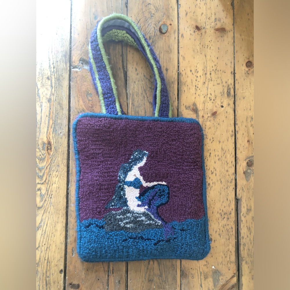 Handcrafted Purple Mermaid Hooked Wool Tote Bag